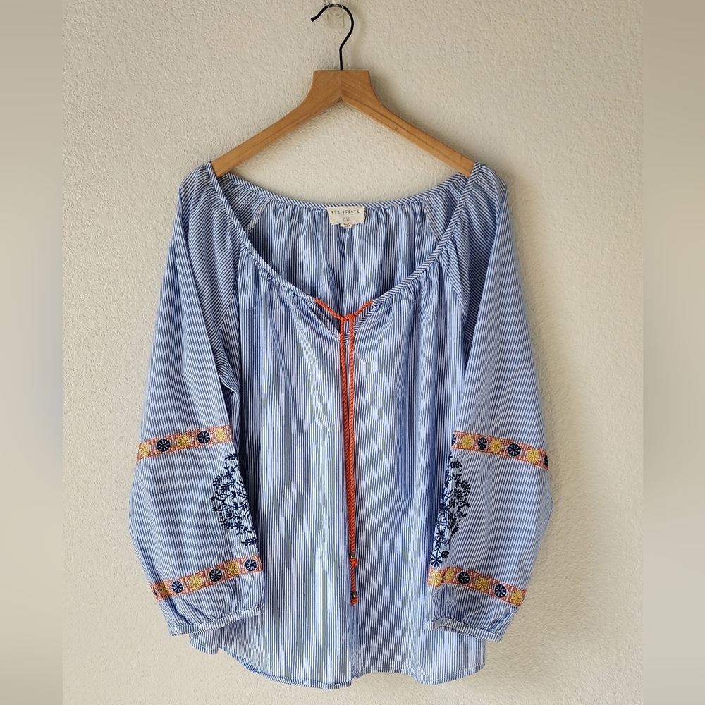Blu Pepper Plus Casual Striped Embroidered Blouse 3XL